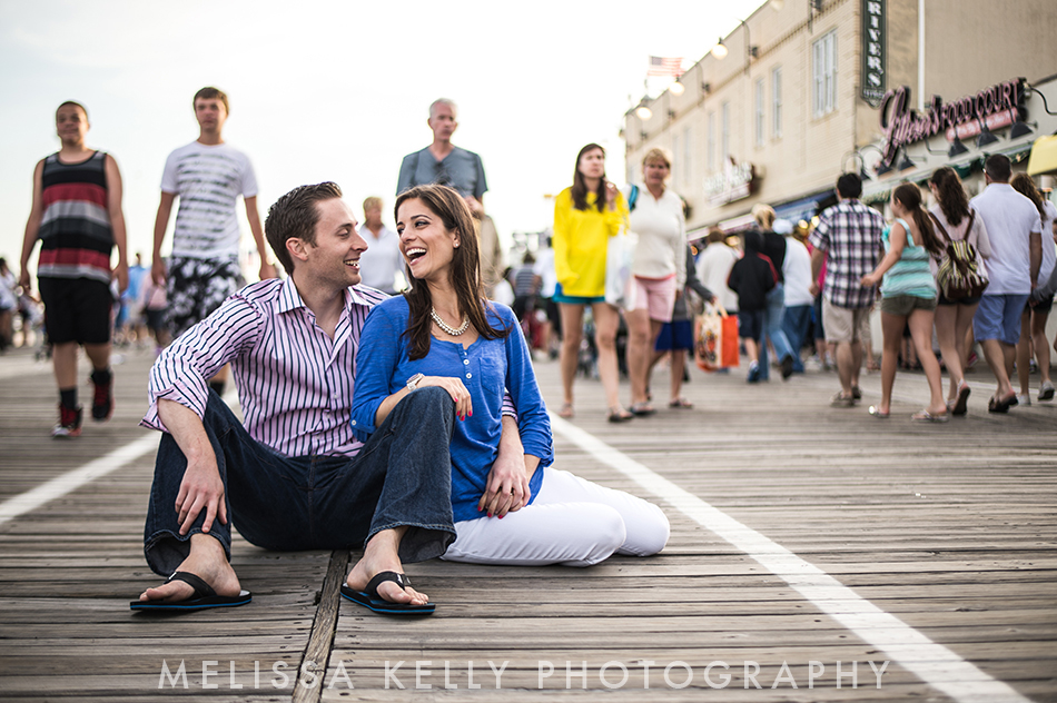 Ocean City engagement photo on boardwalk.