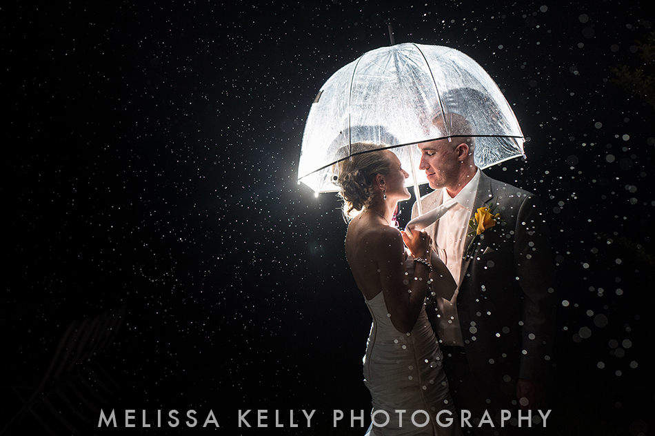 bride and groom with umbrella at night